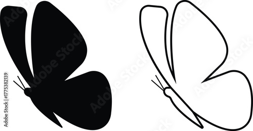 Butterfly icons set, insect collection, black silhouette and outline group, flat and line style vector illustration, flying moth design, decorative butterfly symbol graphic element.