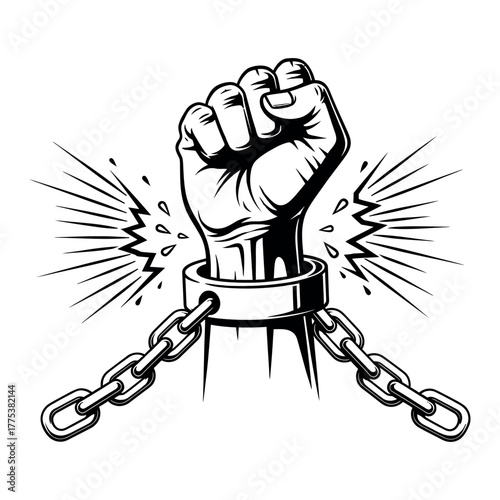 Powerful black and white illustration of a clenched fist breaking a metal chain isolated on white background