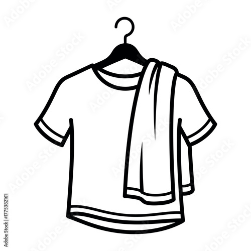 Minimalist black silhouette of a t shirt on a hanger isolated on white background