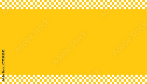 Vibrant yellow background with repeating checkerboard flag pattern borders on the top and bottom.