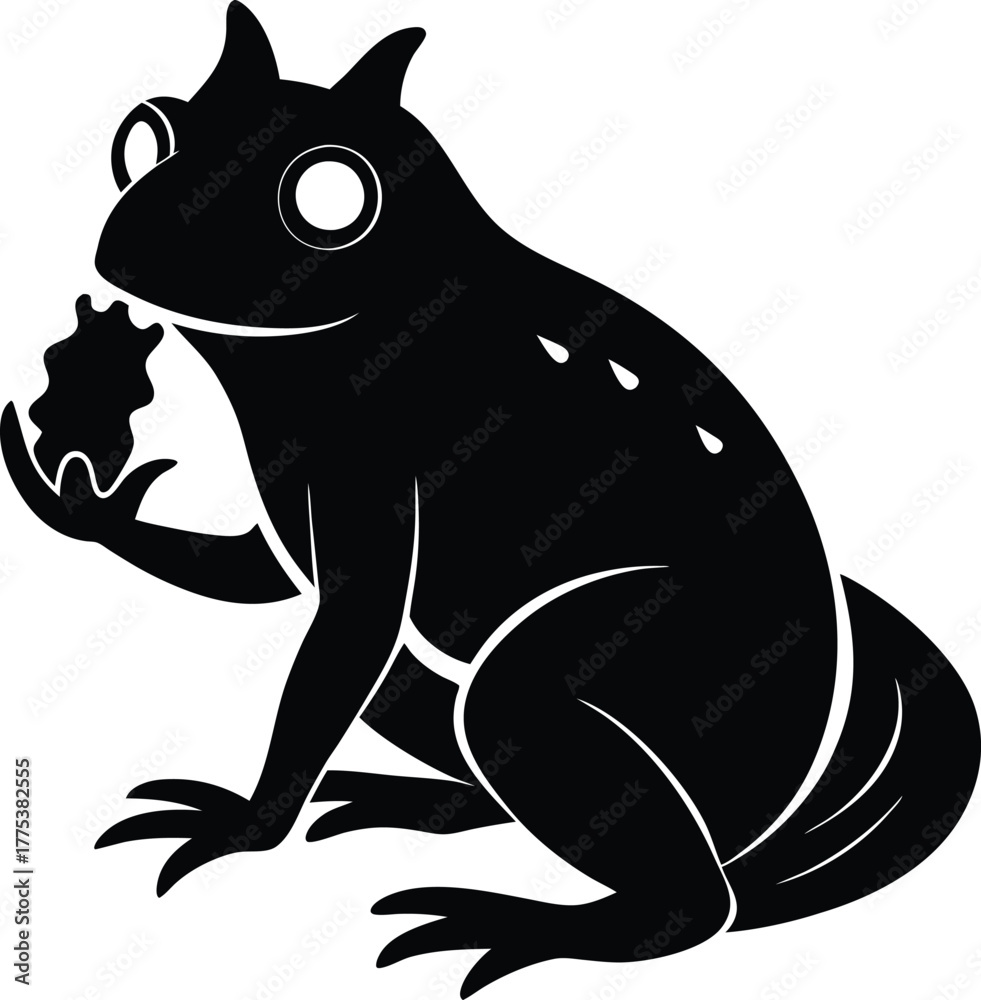Obraz premium Black Silhouette Frog Eating Food, Horns, White Outline, Vector Art