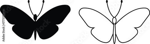 Butterfly icons set, insect collection, black silhouette and outline group, flat and line style vector illustration, flying moth design, decorative butterfly symbol graphic element.