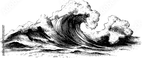 Vintage engraved waves flowing rhythmically with abstract line art design for cards and posters