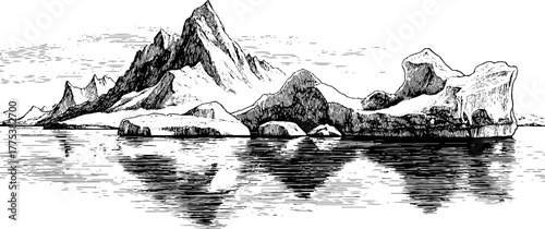 Arctic landscape with icebergs and distant peaks in vintage engraving style for artistic display