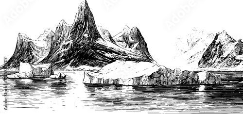 Arctic landscape with icebergs and distant peaks in vintage engraving style