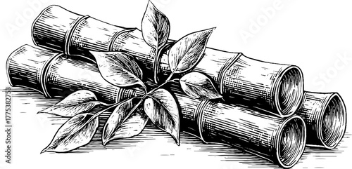 Vintage bamboo stalks with leaves in engraving style for nature-inspired design