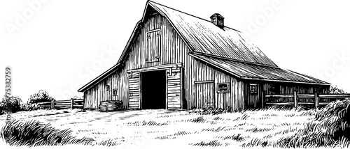 Rustic barn with wooden doors and hay roof in vintage engraving style