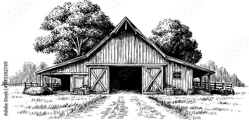 Rustic barn with wooden doors and hay roof in vintage engraving style
