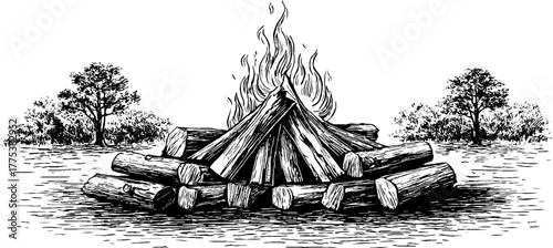 Vintage campfire with burning logs in engraving style