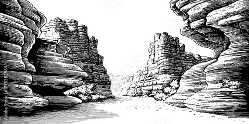 Vintage engraving of canyon with layered cliffs for nature and landscape design