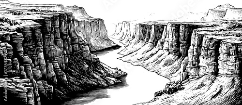 Majestic canyon with layered cliffs in vintage engraving style for retro design