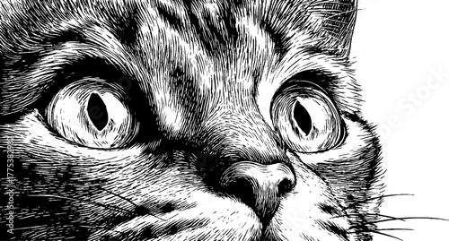 Vintage engraving style cat face in black and white for retro design