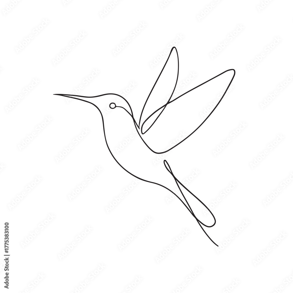 Obraz premium Print Elegant line art of a hummingbird in flight, delicate continuous black lines, minimalist style, white background, modern vector illustration