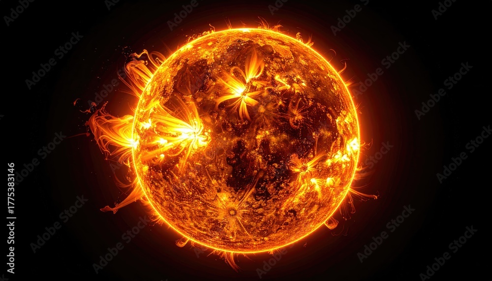 Fototapeta premium Fiery Sun With Intense Solar Flares And Plasma Eruptions Against A Dark Black Sky And Cosmic Background With Bright Orange Glow And Particles