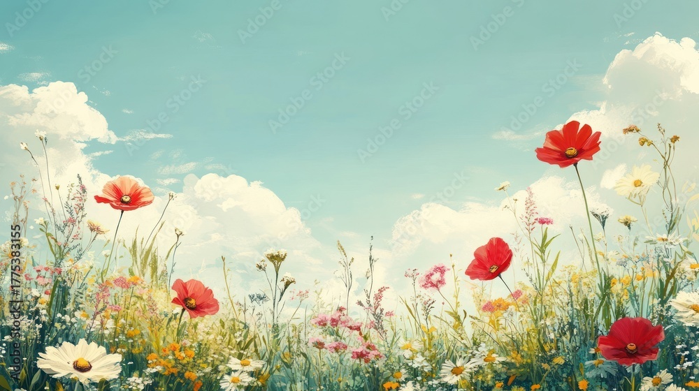 Fototapeta premium Spring meadow flowers vibrant sky background image