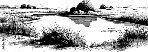 Vintage crosshatch landscape with pond and trees in engraving style for retro design