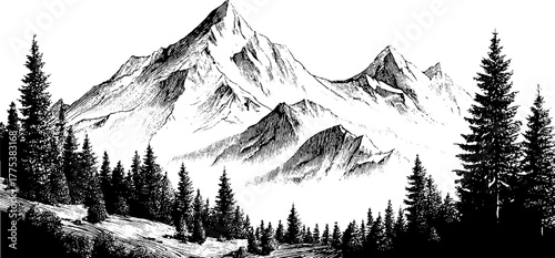 Mountain landscape with pine trees in vintage engraving style