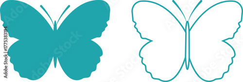 Butterfly icons set, colorful insect collection, black silhouette and outline group, flat and line style vector illustration, flying moth design, decorative butterfly symbol graphic element.