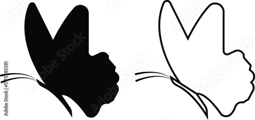 Butterfly icons set, insect collection, black silhouette and outline group, flat and line style vector illustration, flying moth design, decorative butterfly symbol graphic element.