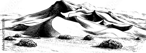 Desert dunes with wind lines in vintage engraving style for retro design