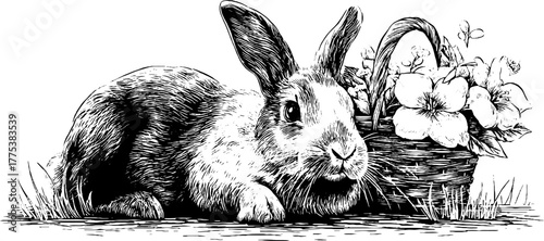 Easter bunny with basket in vintage engraving style for card or poster design