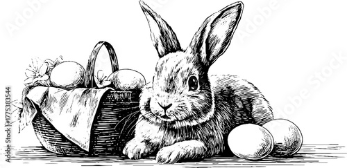Easter bunny with basket in vintage engraving style for holiday design