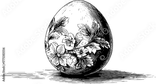 Ornate easter egg with floral pattern in vintage engraving style