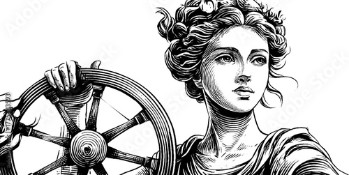 Allegorical female figure of fortune holding wheel in vintage engraving style