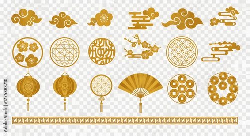 Collection of golden chinese traditional elements like clouds, flowers, lanterns, fans, and coins on a transparent background