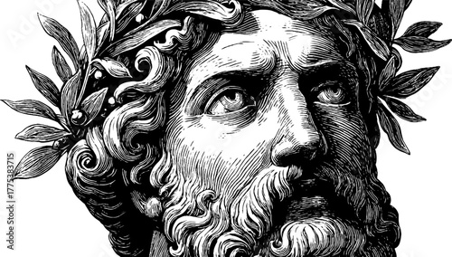 Allegorical man symbolizing infinity with circular object, vintage design for print or poster