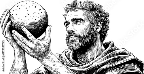 Allegorical representation of science as a man holding celestial sphere in vintage style