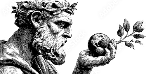 Engraved allegorical man symbolizing planet earth hand holding globe branch leaves retro design vintage sketch drawn engraving illustration. Classical symbolic art with thoughtful detail.

