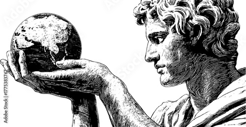 Allegorical man representing science holding celestial globe - vintage design for print