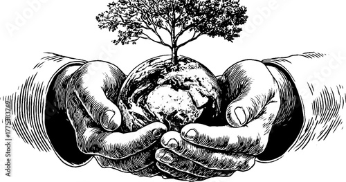 Allegorical representation of earth held by man with tree, symbolizing nature and guardianship