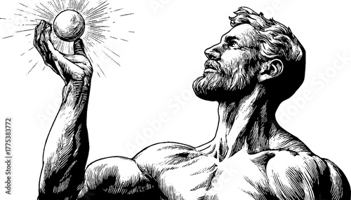 Allegorical man symbolizing the sun holding radiant sphere in vintage engraving sketch