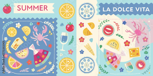 Summer and la dolce vita themes with fruits food and seaside elements in a playful flat design style