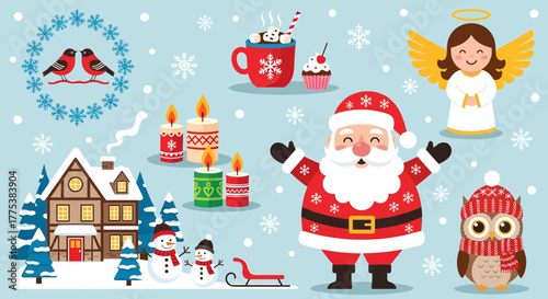 Cute christmas elements including santa claus, snowman, house, owl, angel, candles, hot chocolate, and bullfinches on a snowy background