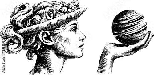Allegorical engraving of a woman symbolizing the cosmos holding a sphere in hand, vintage design for posters