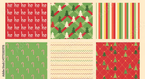Collection of six christmas themed patterns including repeating ho ho ho, trees, candy canes, and stripes in red and green