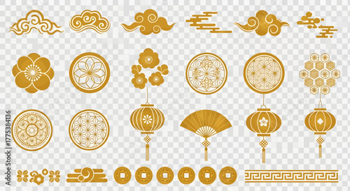 Golden traditional chinese decorative elements including clouds, flowers, lanterns, fans, coins, and geometric patterns on a transparent background