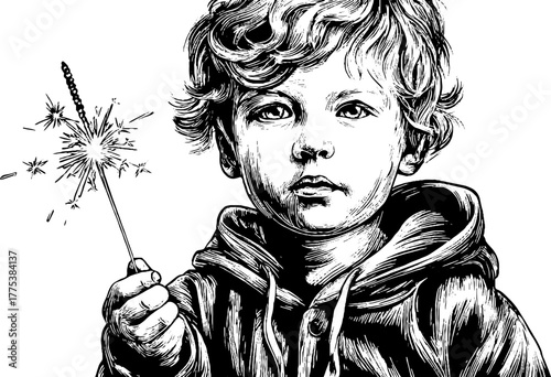 Engraved child holding sparkler for night festive celebration holiday design