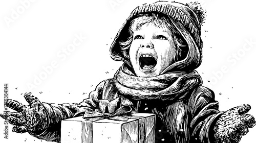 Engraved child opening present winter joyfully festive celebration holiday gift unwrap vintage sketch hand drawn engraving illustration. Cheerful cozy scene with classic seasonal warmth.
