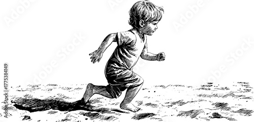 Vintage illustration of child running on sandy beach for retro poster or card design