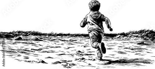 Childhood bliss: vintage engraving of a child running on a sandy beach
