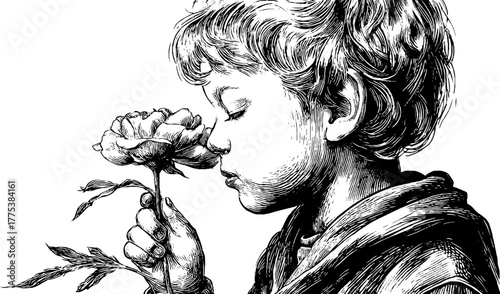 Serene child enjoying floral fragrance vintage style for decorative design