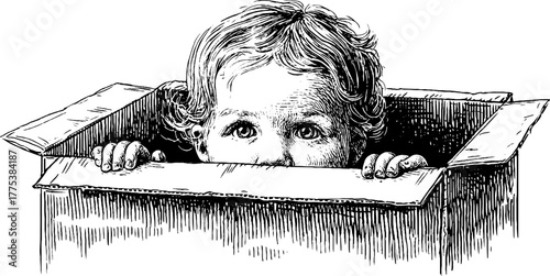 Vintage illustration of child peeking into gift box with curiosity for holiday design