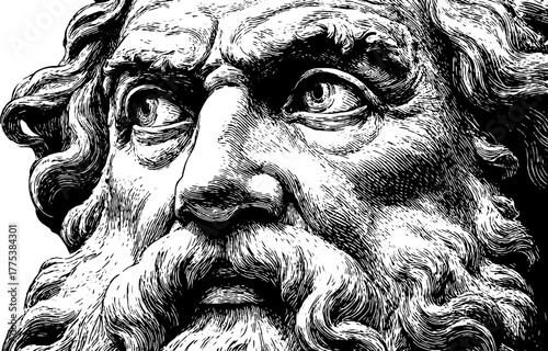 Engraved classical philosopher with expressive furrowed brow design for vintage art projects