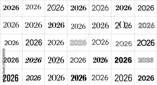 The year 2026 repeated multiple times in various fonts and styles, isolated on a
