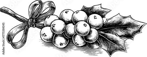 Vintage mistletoe with berries and bow engraving for holiday decorations