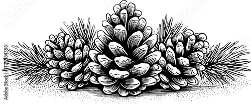 Vintage engraved cluster of snow-covered pine branches and cones for winter design